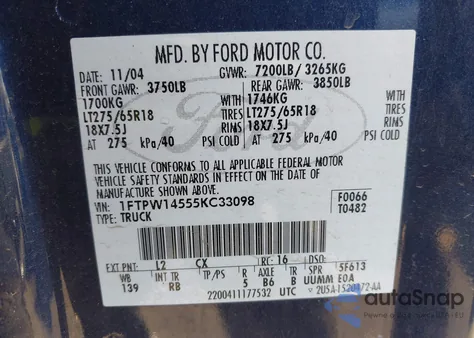 2005 Ford F150 Supercrew from USA, damaged, VIN 1FTPW14555KC33098